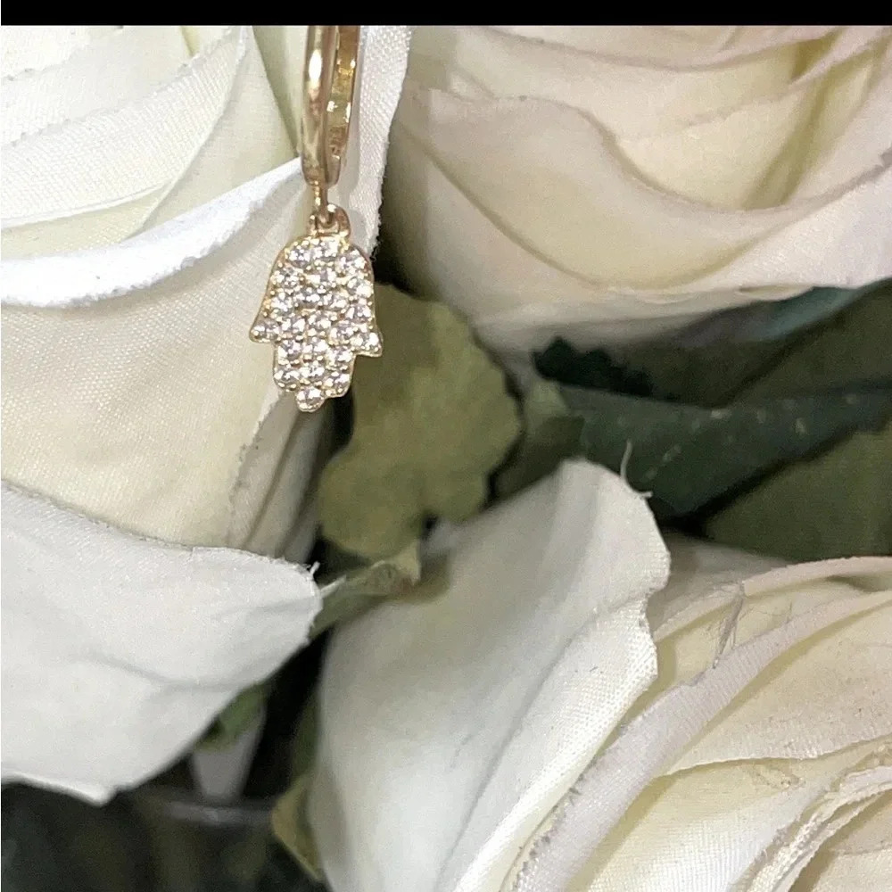 14K Solid Gold  Belly Ring Hoop with pave stone CZ stones Dangling Hamsa Charm - Picture 10 of 13
